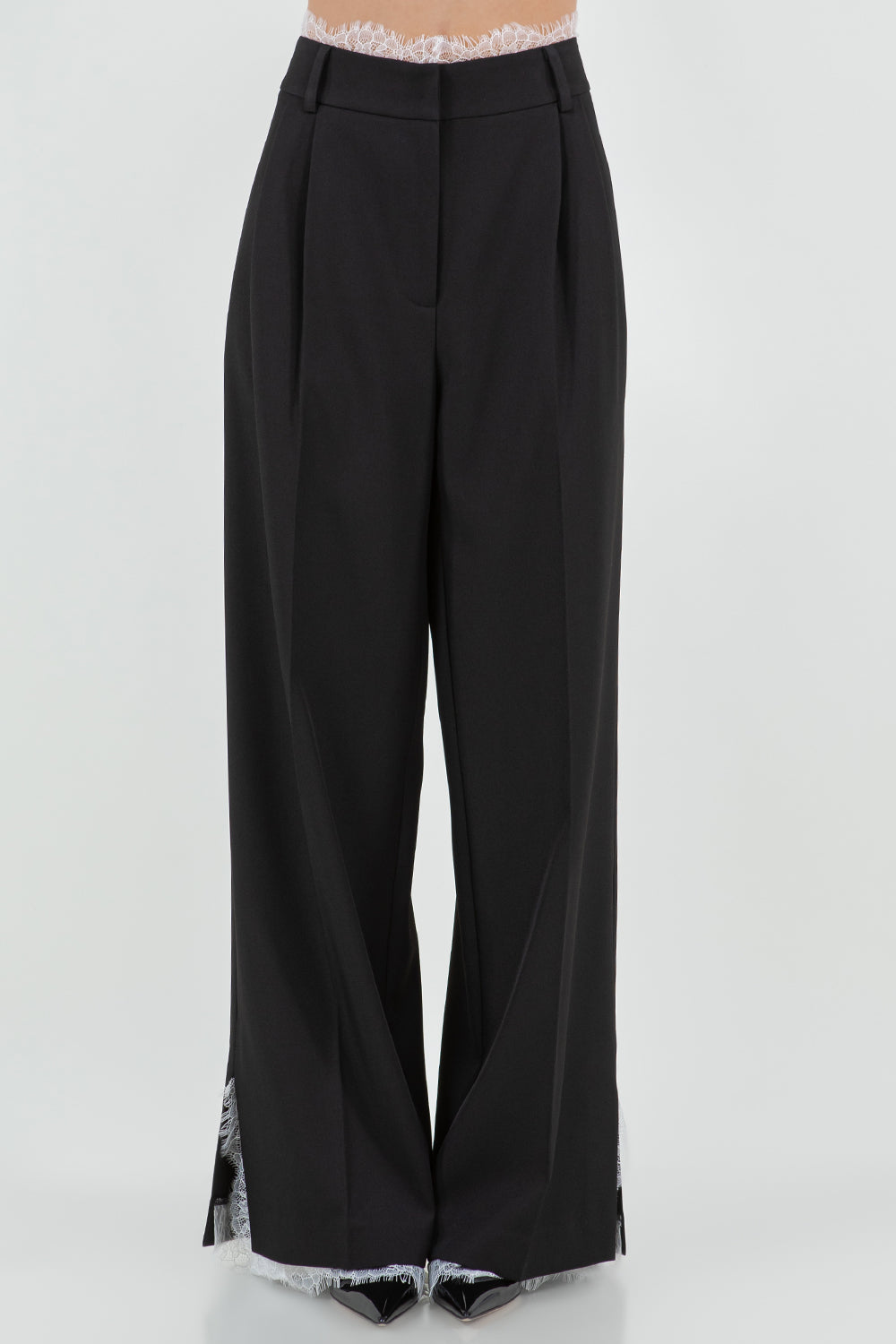 CONTRAST LACE TRIMMED DETAILED STRAIGHT LEG TROUSERS - BLACK