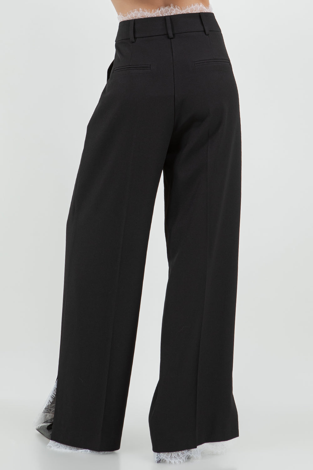 CONTRAST LACE TRIMMED DETAILED STRAIGHT LEG TROUSERS - BLACK