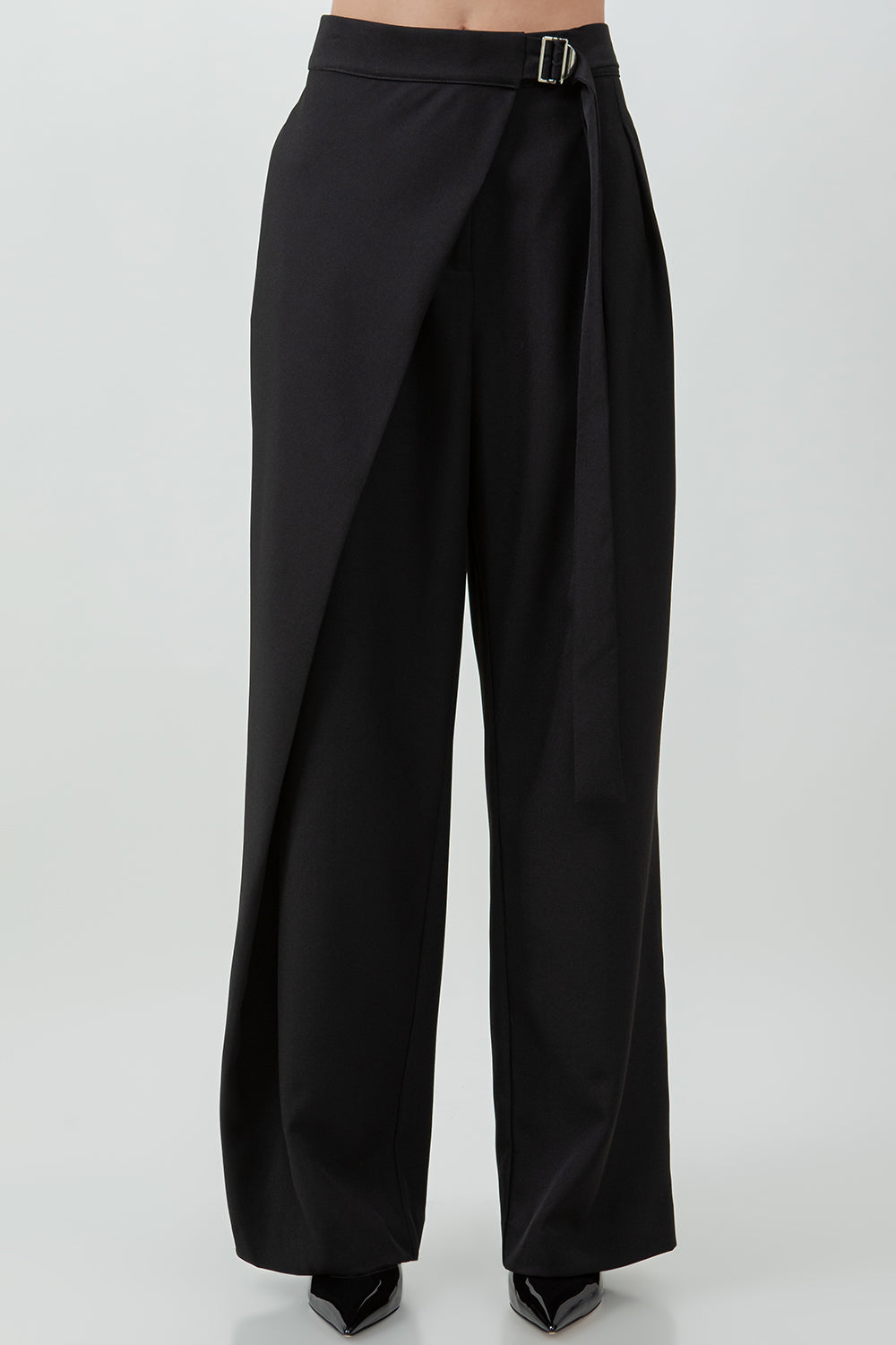 PLEATED WRAP OVER ADJUSTABLE BELT TROUSERS - BLACK