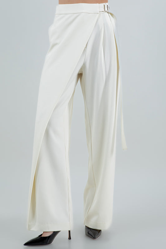 PLEATED WRAP OVER ADJUSTABLE BELT TROUSERS - IVORY