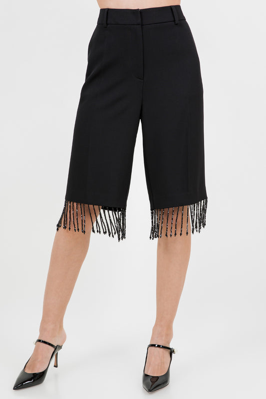 KNEE LENGTH WOVEN SHORTS WITH TASSEL BEAD TRIM - BLACK
