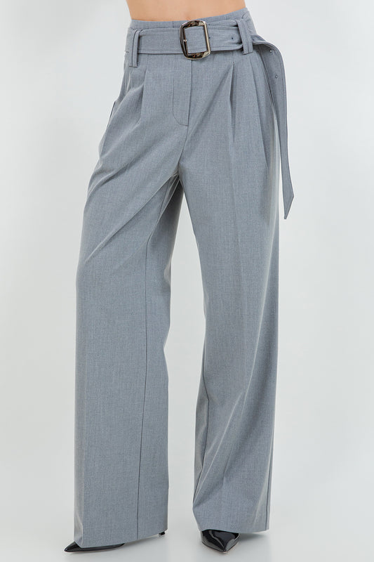 STRAIGHT LEG WOVEN TROUSERS WITH SELF BELT - GREY