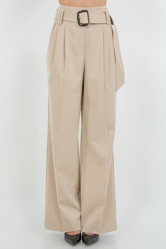 STRAIGHT LEG WOVEN TROUSERS WITH SELF BELT - TAN