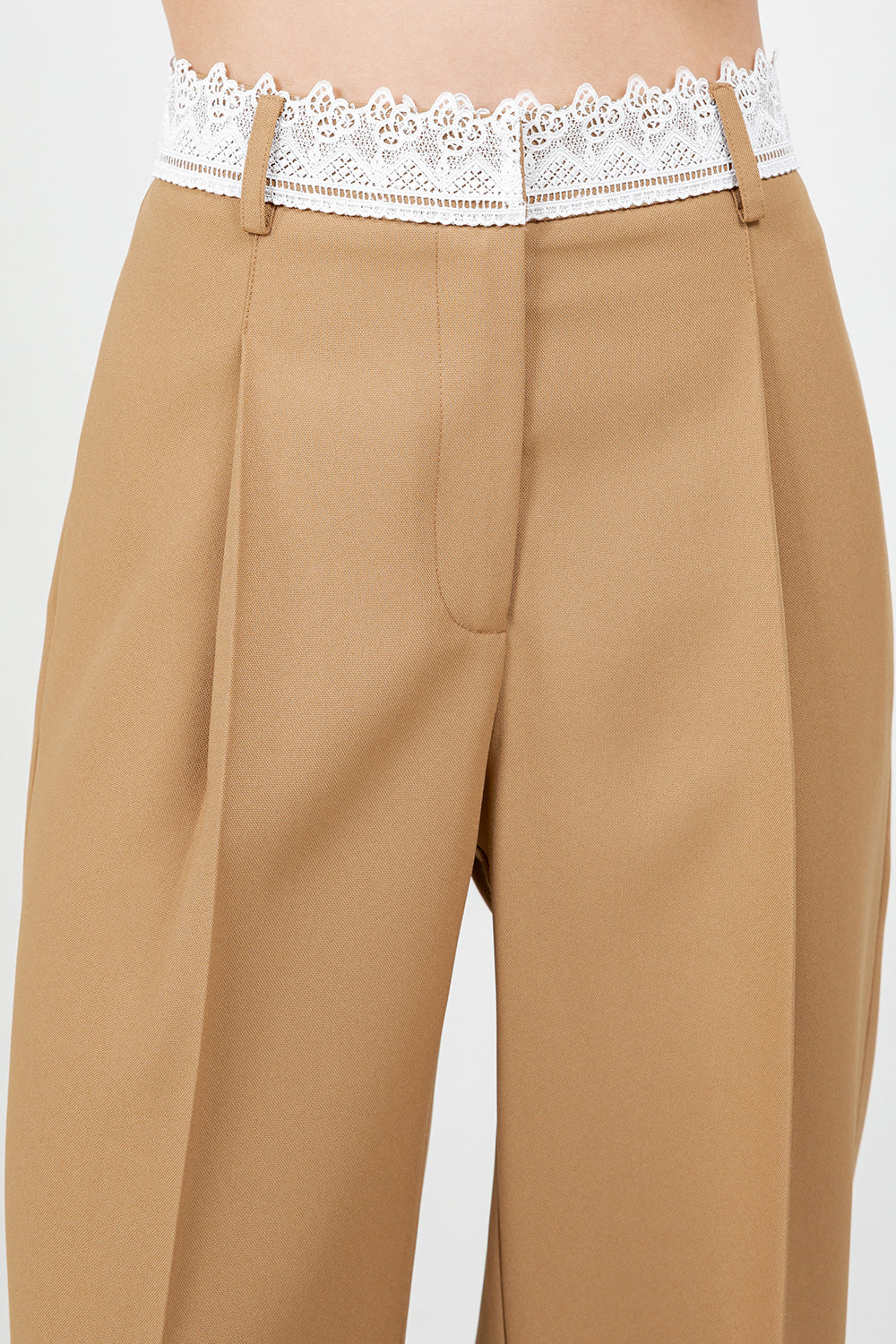 CONTRAST LACE WAISTBAND WOVEN TROUSERS - TAN/WHITE