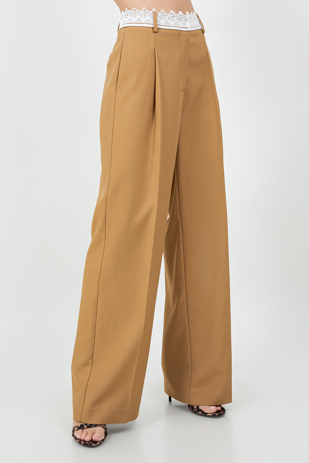 CONTRAST LACE WAISTBAND WOVEN TROUSERS - TAN/WHITE