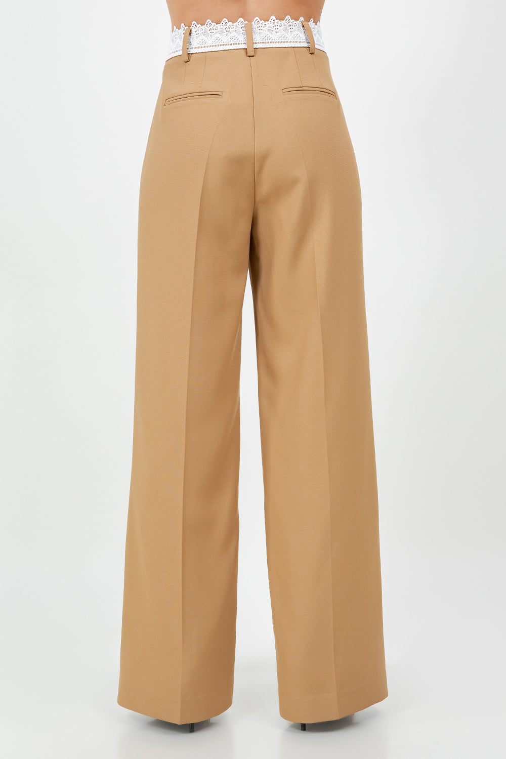 CONTRAST LACE WAISTBAND WOVEN TROUSERS - TAN/WHITE