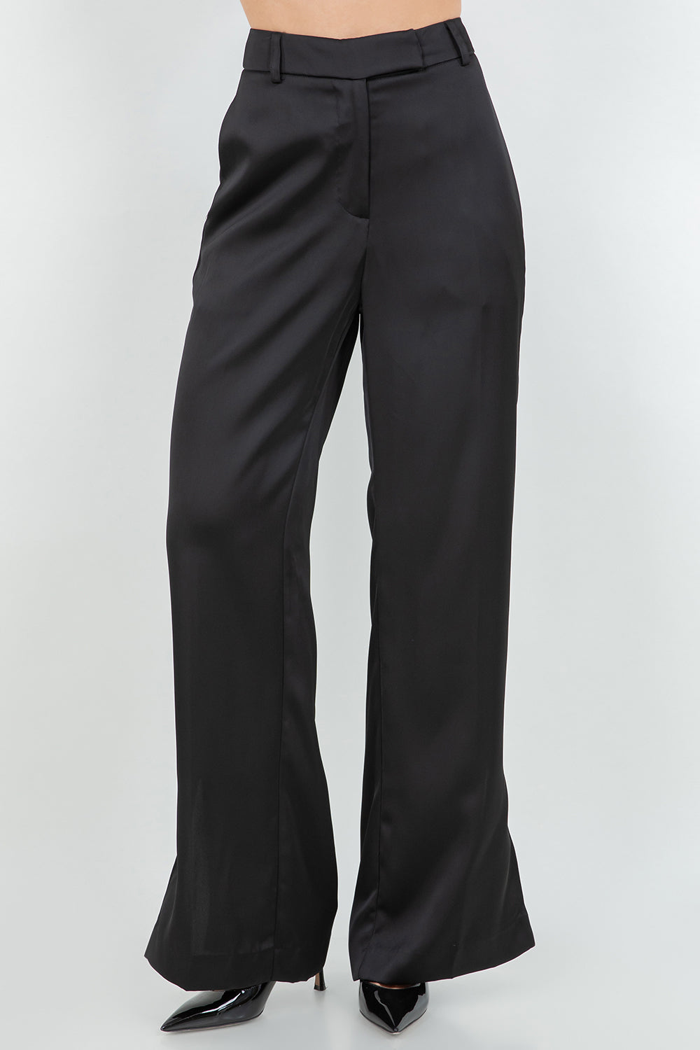 SOFT SATIN STRAIGHT LEG TROUSERS - BLACK