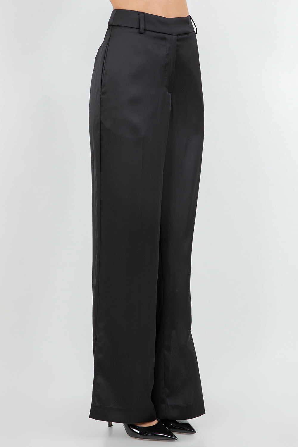 SOFT SATIN STRAIGHT LEG TROUSERS - BLACK