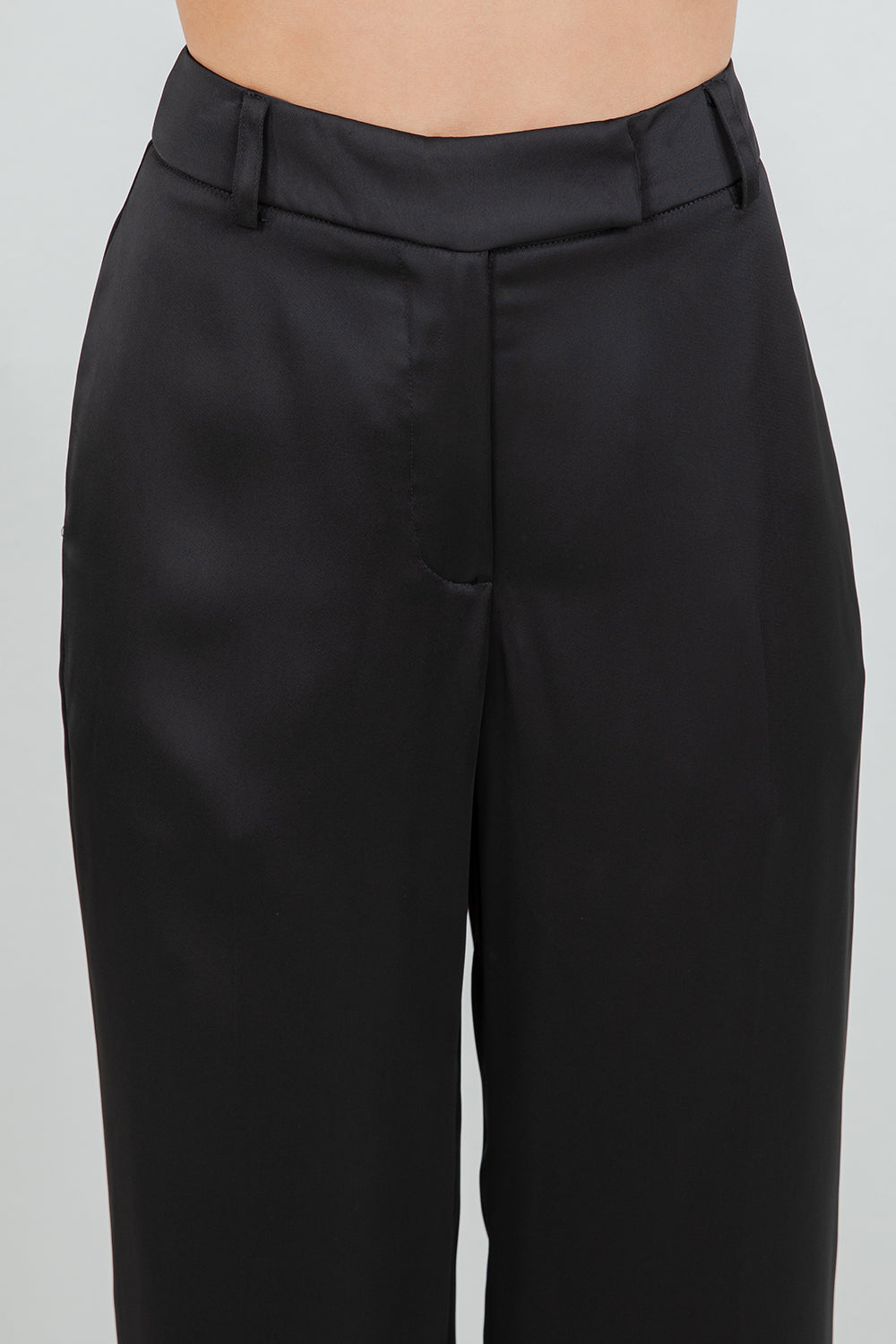 SOFT SATIN STRAIGHT LEG TROUSERS - BLACK