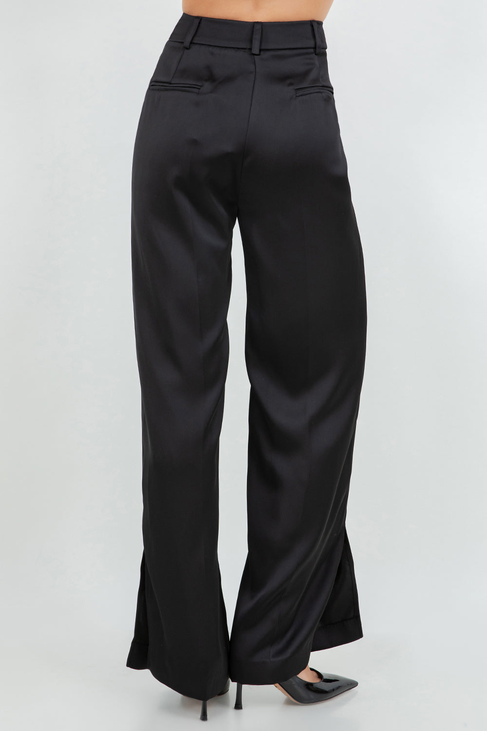 SOFT SATIN STRAIGHT LEG TROUSERS - BLACK