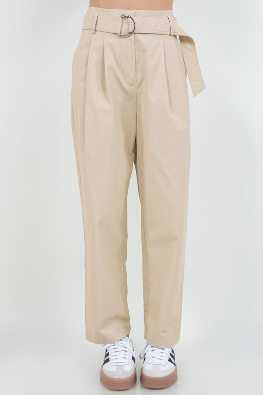 LIGHT WOVEN CROPPED TROUSERS WITH SELF WAIST BELT - BEIGE
