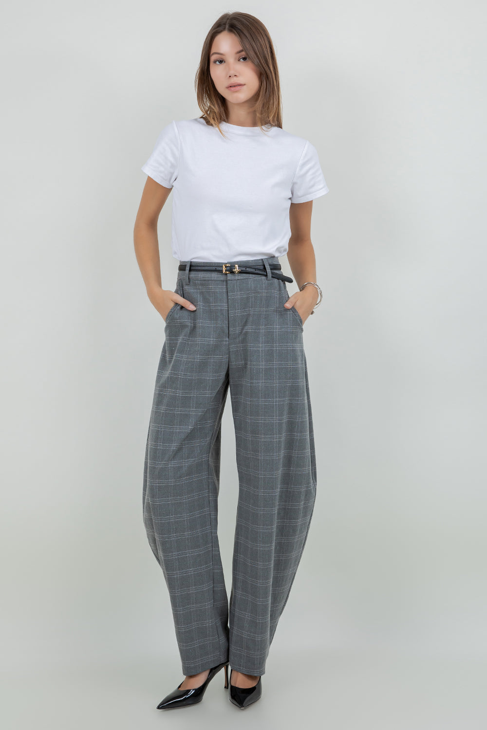 STRUCTURED WOVEN PLAID LUREX PRINT BARREL FIT TROUSERS - Whiteroom+Cactus