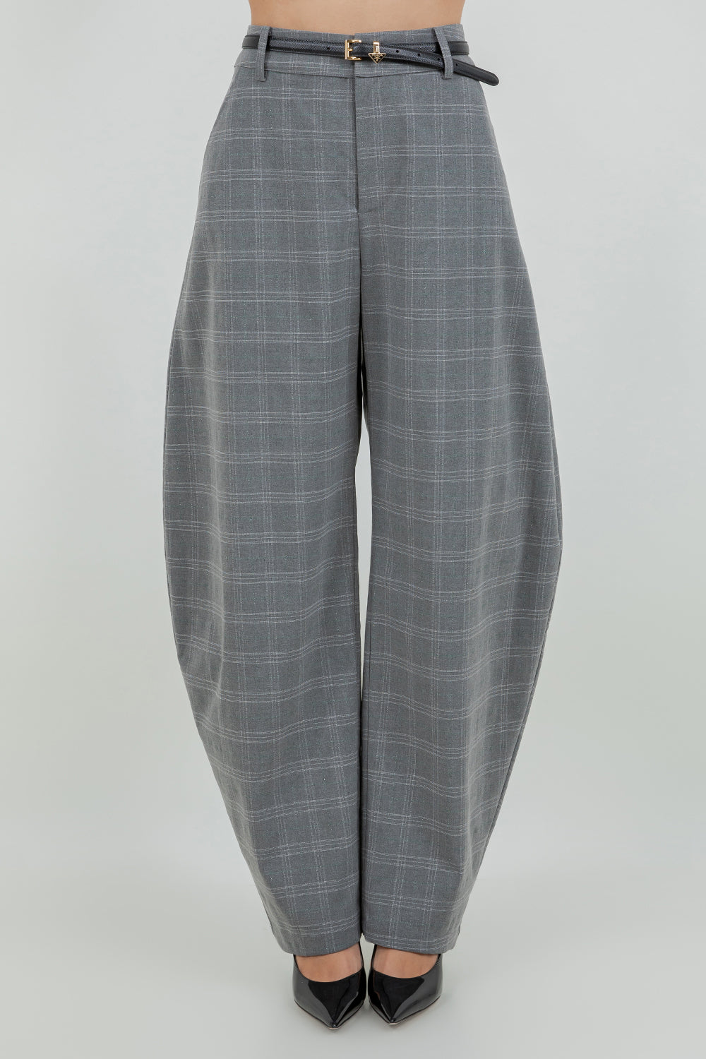 STRUCTURED WOVEN PLAID LUREX PRINT BARREL FIT TROUSERS - Whiteroom+Cactus