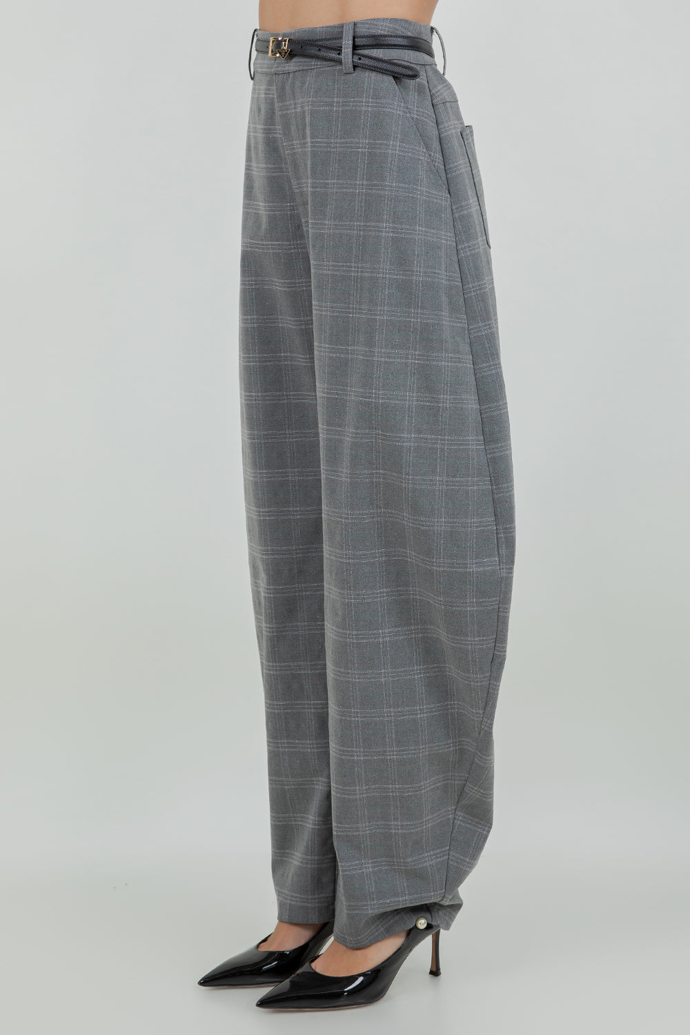 STRUCTURED WOVEN PLAID LUREX PRINT BARREL FIT TROUSERS - Whiteroom+Cactus