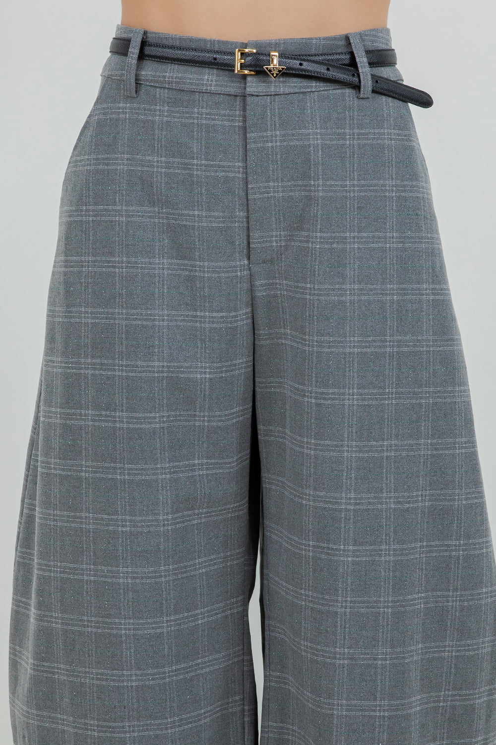 STRUCTURED WOVEN PLAID LUREX PRINT BARREL FIT TROUSERS - Whiteroom+Cactus