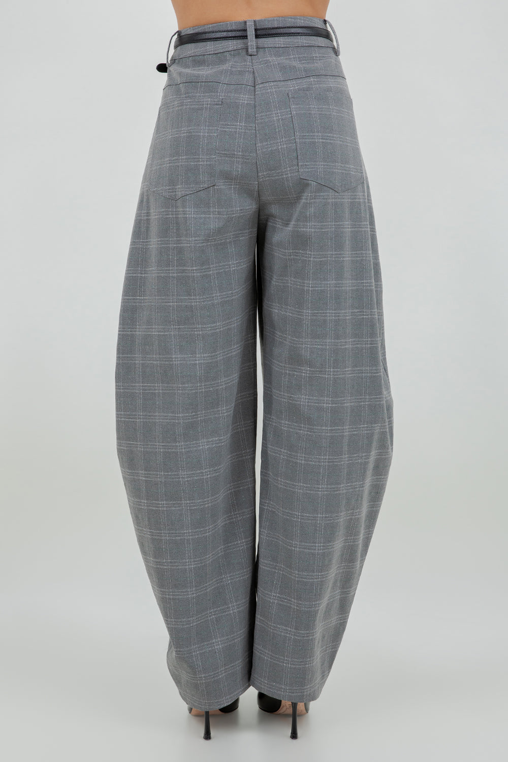 STRUCTURED WOVEN PLAID LUREX PRINT BARREL FIT TROUSERS - Whiteroom+Cactus
