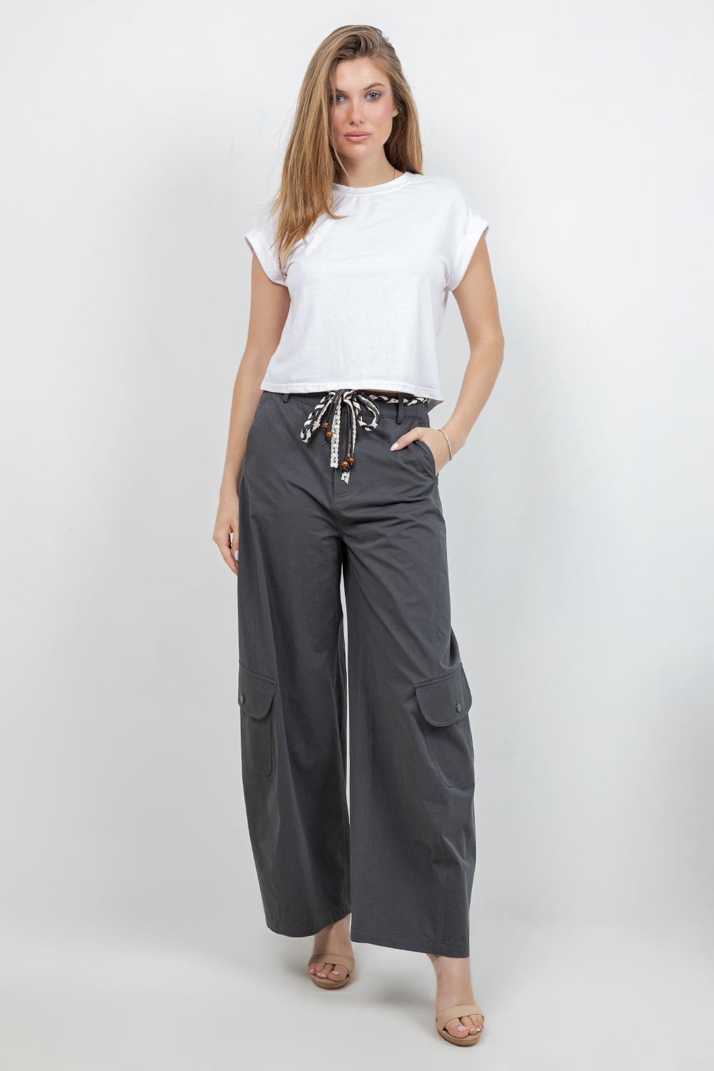 SLIGHT BARREL SHAPE COTTON TROUSERS WITH LACE TRIM BELT - Whiteroom+Cactus