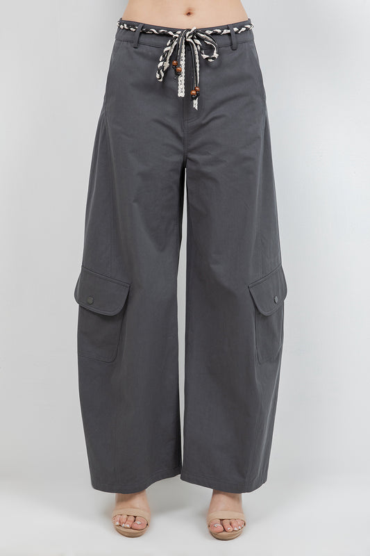 SLIGHT BARREL SHAPE COTTON TROUSERS WITH LACE TRIM BELT - Whiteroom+Cactus