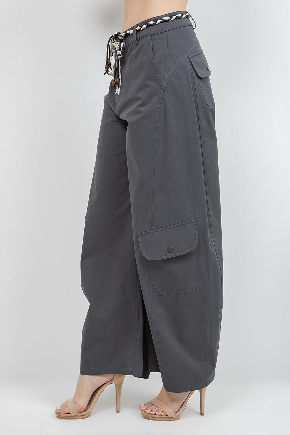 SLIGHT BARREL SHAPE COTTON TROUSERS WITH LACE TRIM BELT - Whiteroom+Cactus