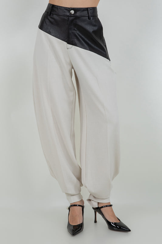 FAUX PU LEATHER COMBO TROUSERS WITH ADJUSTABLE BOTTOM