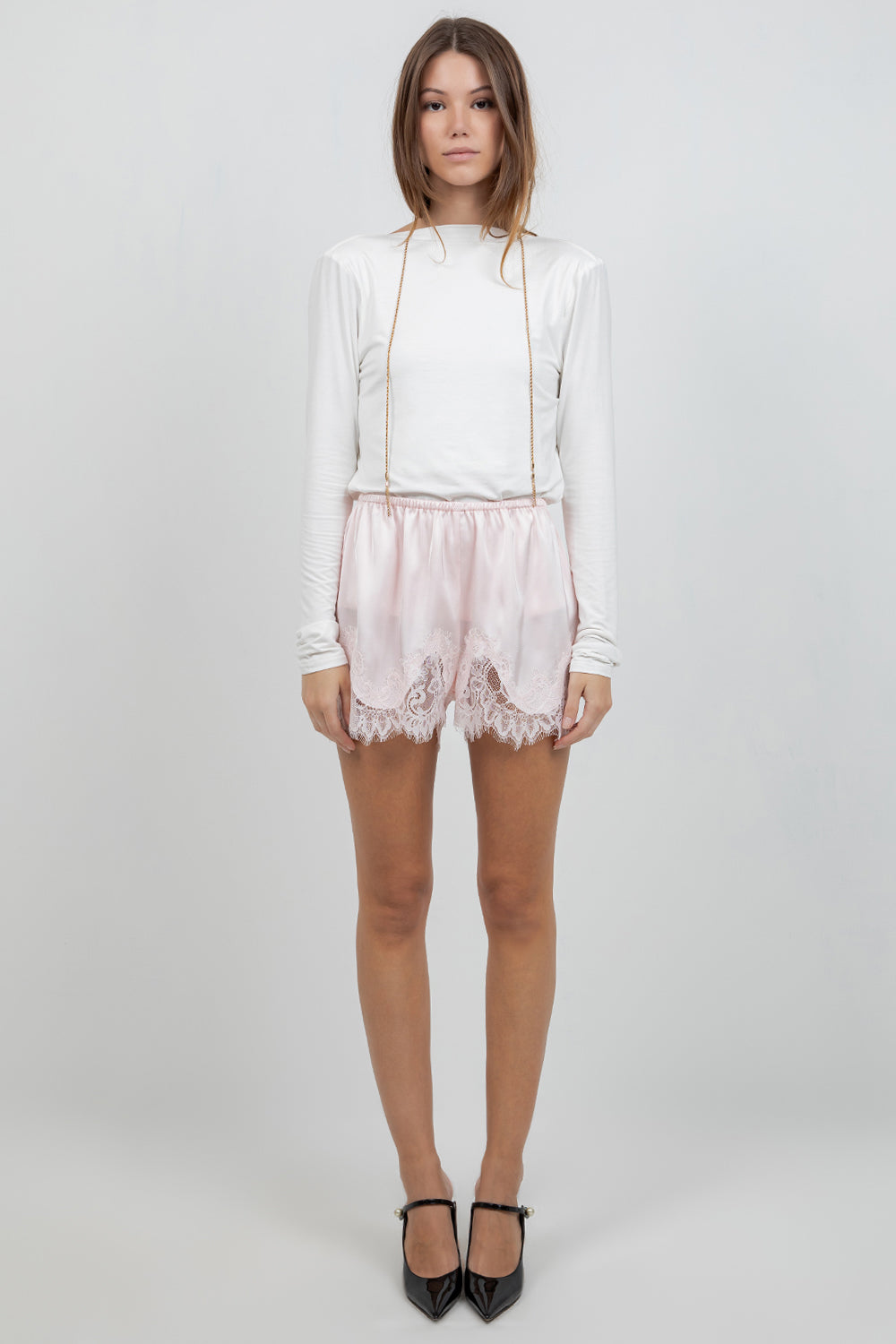 ELASTIC WAIST SATIN SHORTS WITH LACE POINTELLE