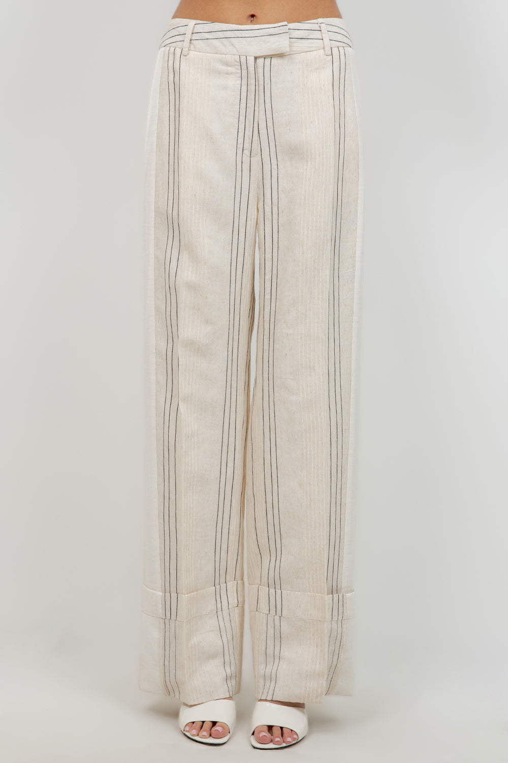 LINEN PINSTRIPE TROUSERS WITH BOTTOM CUFF
