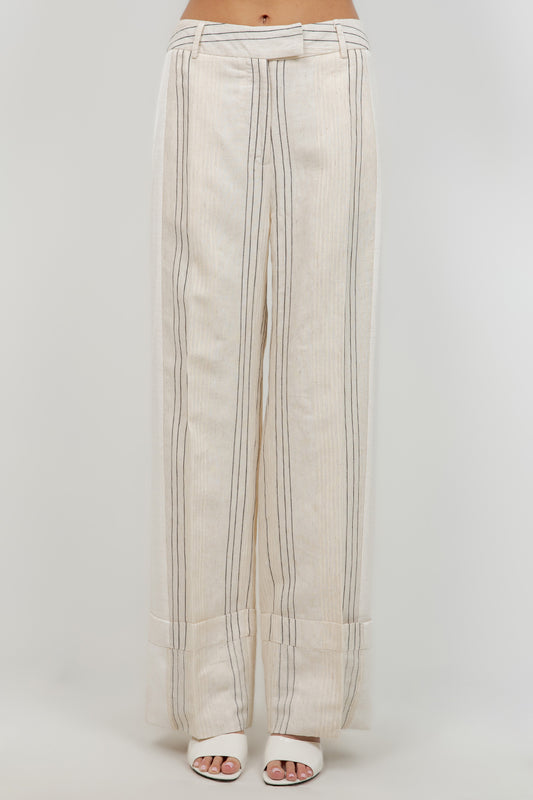 LINEN PINSTRIPE TROUSERS WITH BOTTOM CUFF