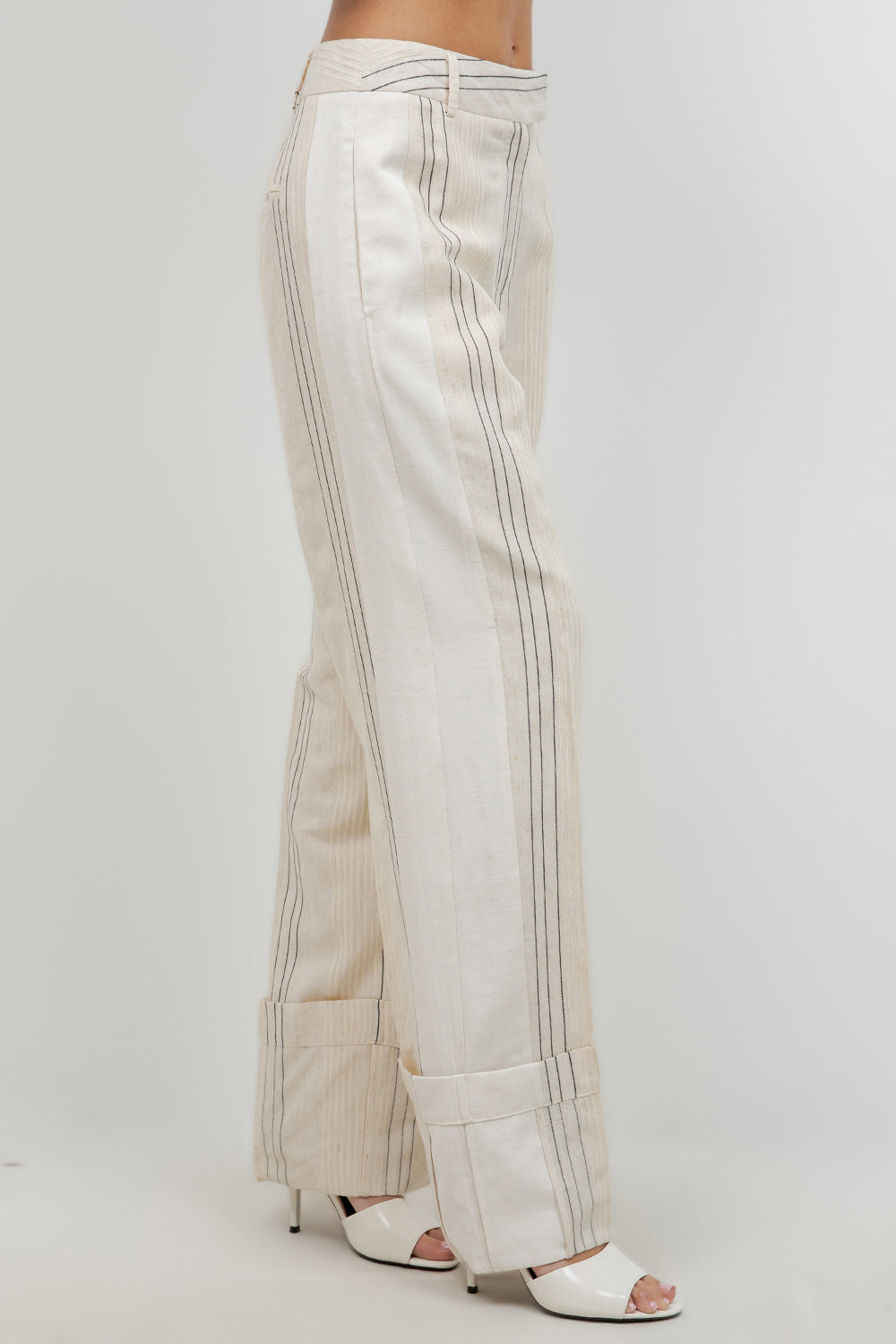 LINEN PINSTRIPE TROUSERS WITH BOTTOM CUFF