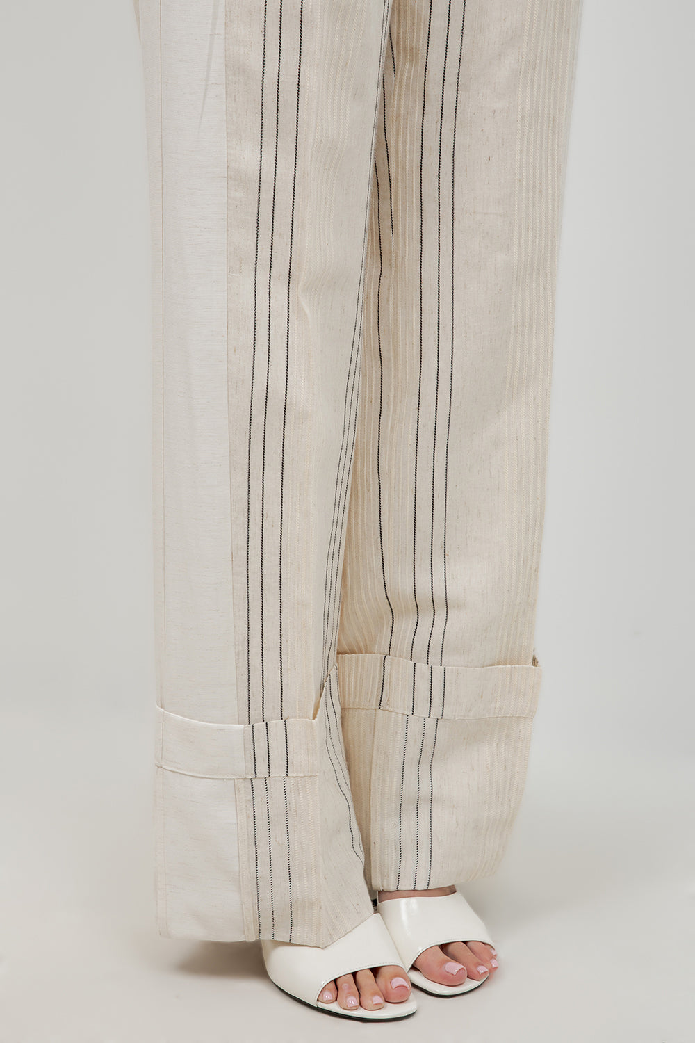 LINEN PINSTRIPE TROUSERS WITH BOTTOM CUFF