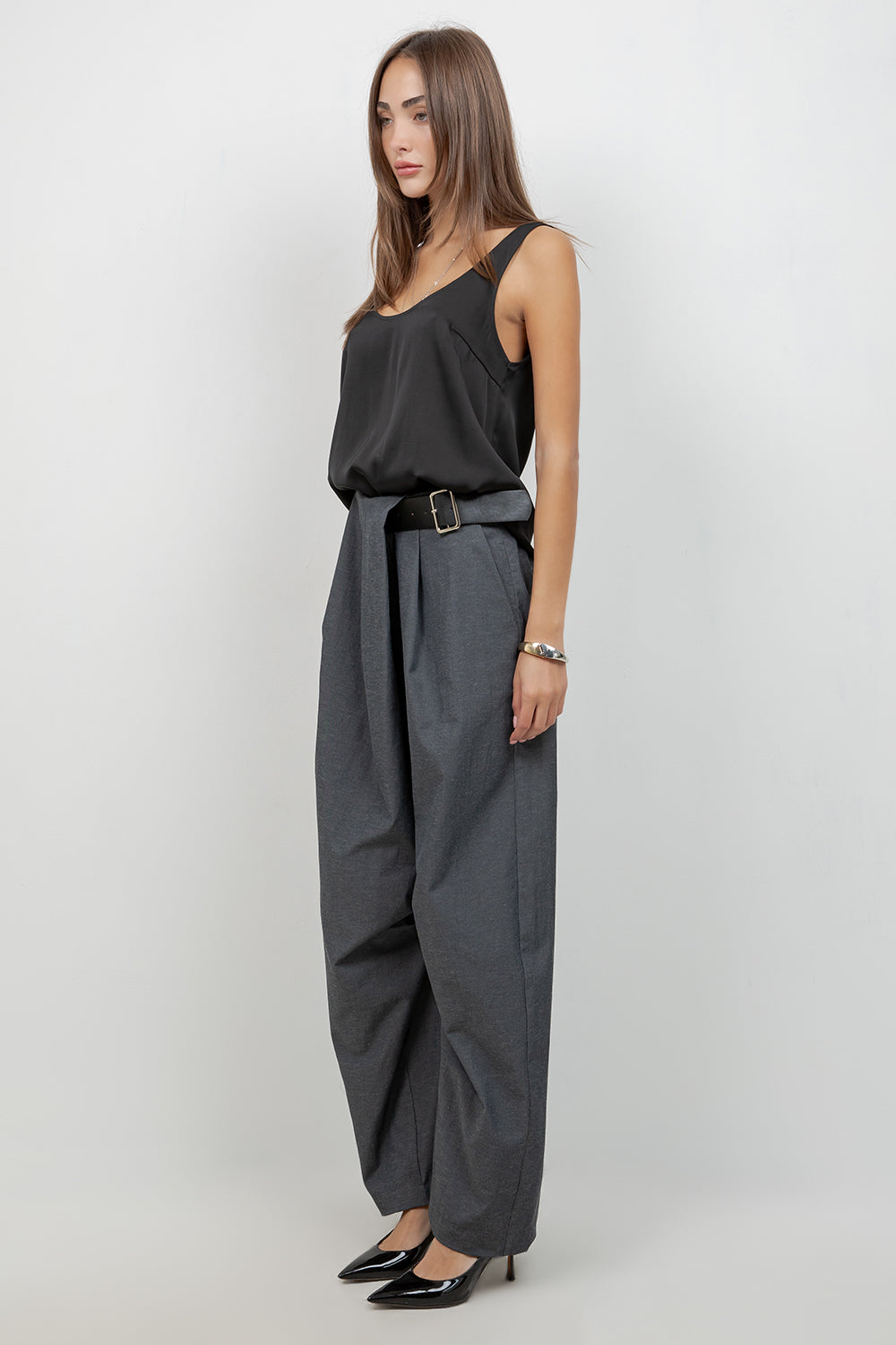 SOFT WOVEN DRAPE TROUSERS WITH BUILT IN BELT