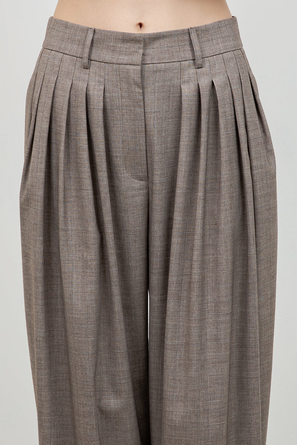 MULTI PLEAT STRAIGHT LEG PLAID PRINT TROUSERS