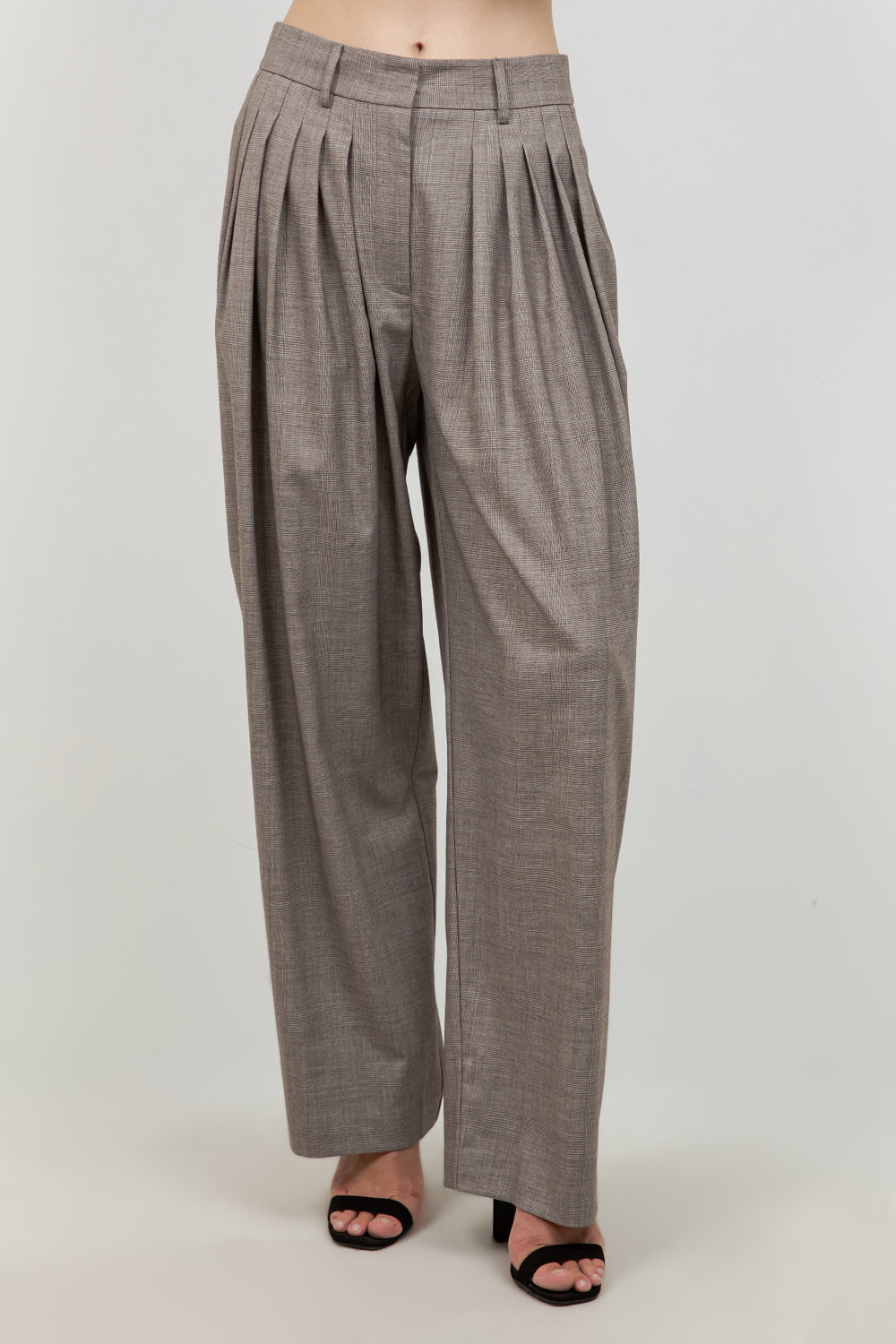 MULTI PLEAT STRAIGHT LEG PLAID PRINT TROUSERS