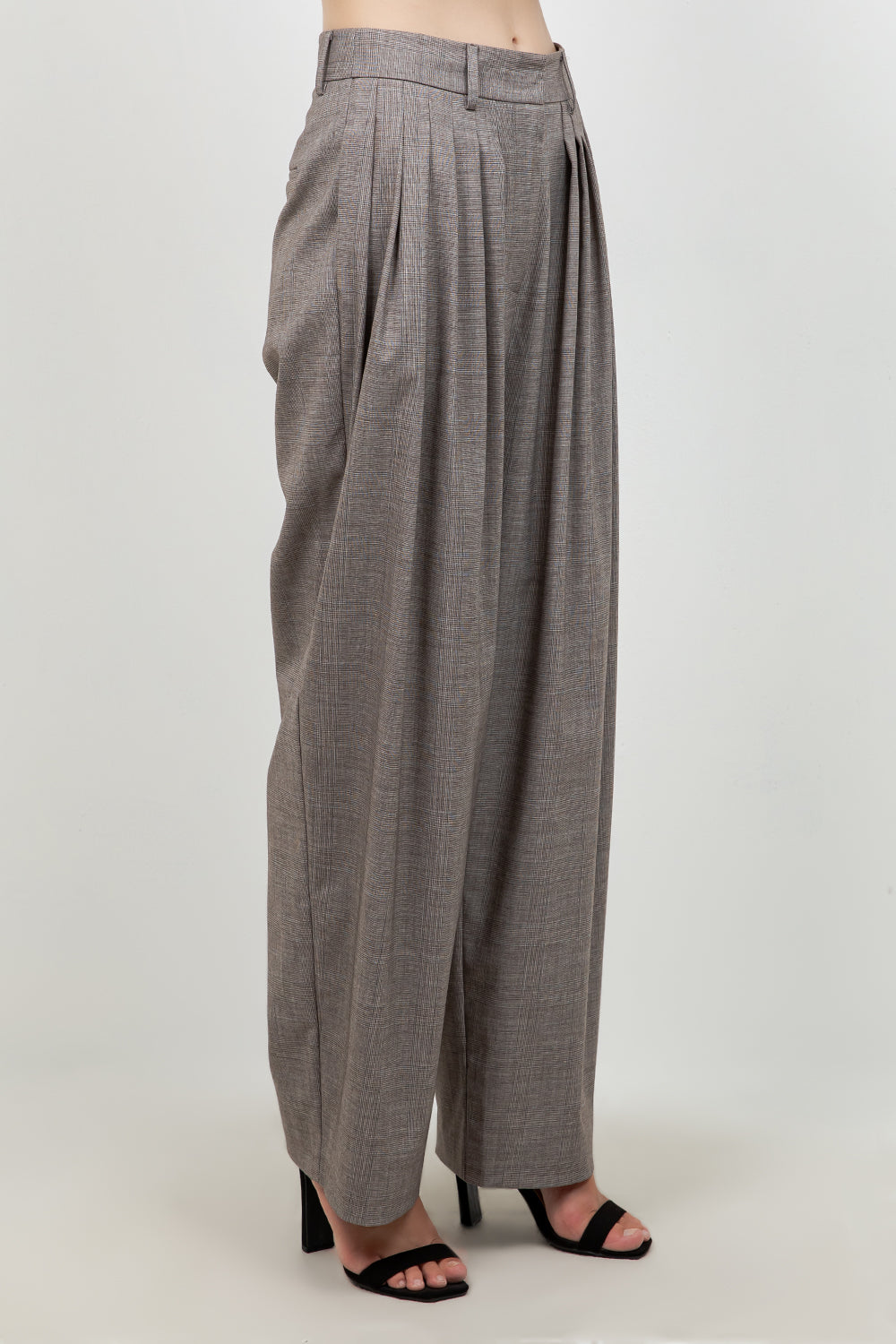 MULTI PLEAT STRAIGHT LEG PLAID PRINT TROUSERS