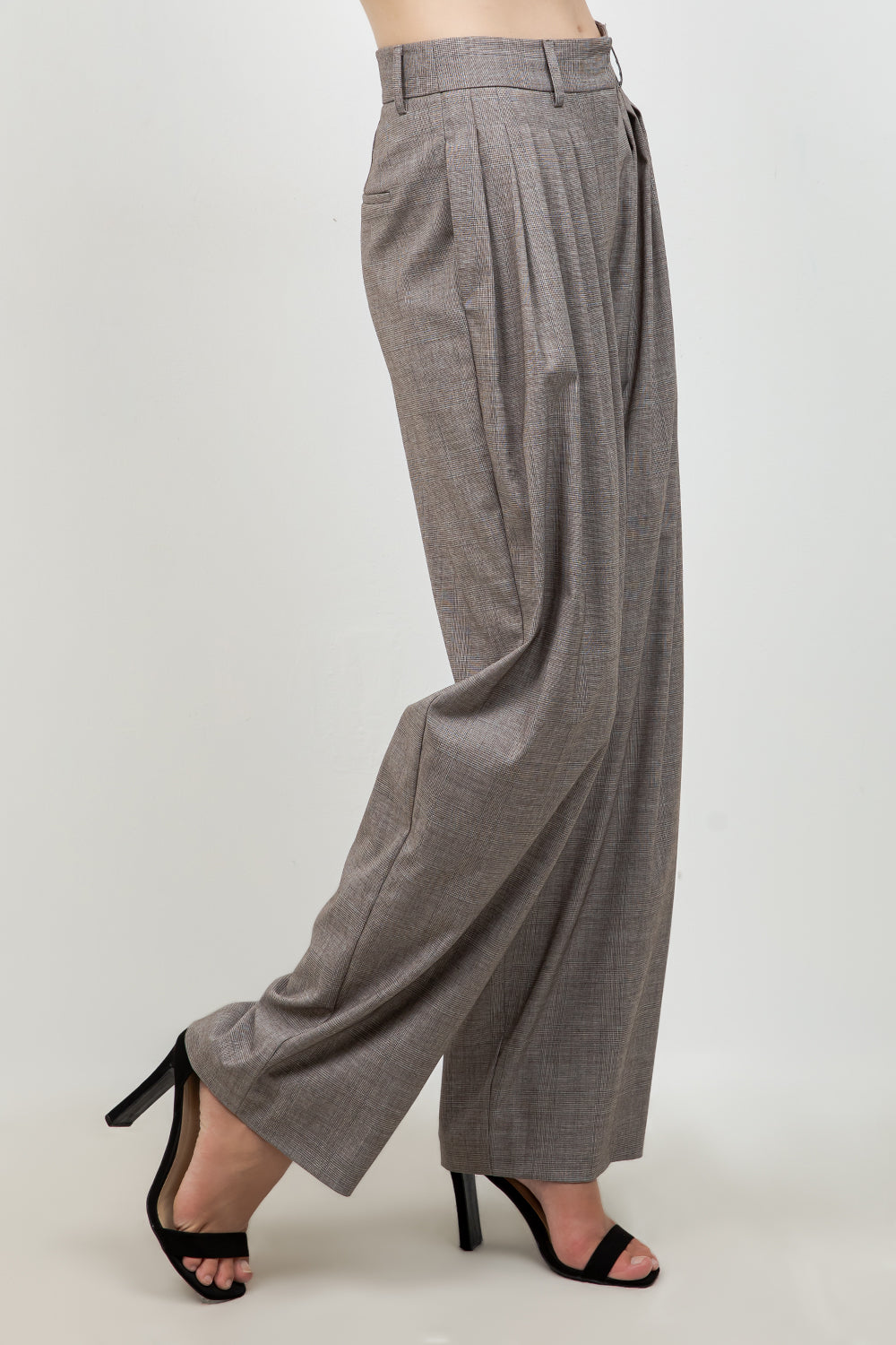 MULTI PLEAT STRAIGHT LEG PLAID PRINT TROUSERS