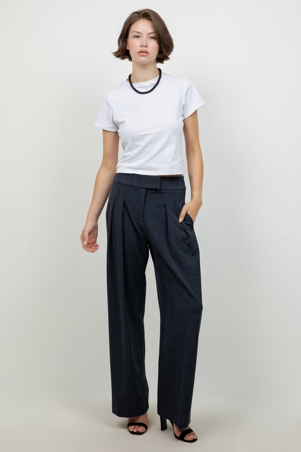 STRAIGHT LEG PLEATED PLAID PRINT TROUSERS