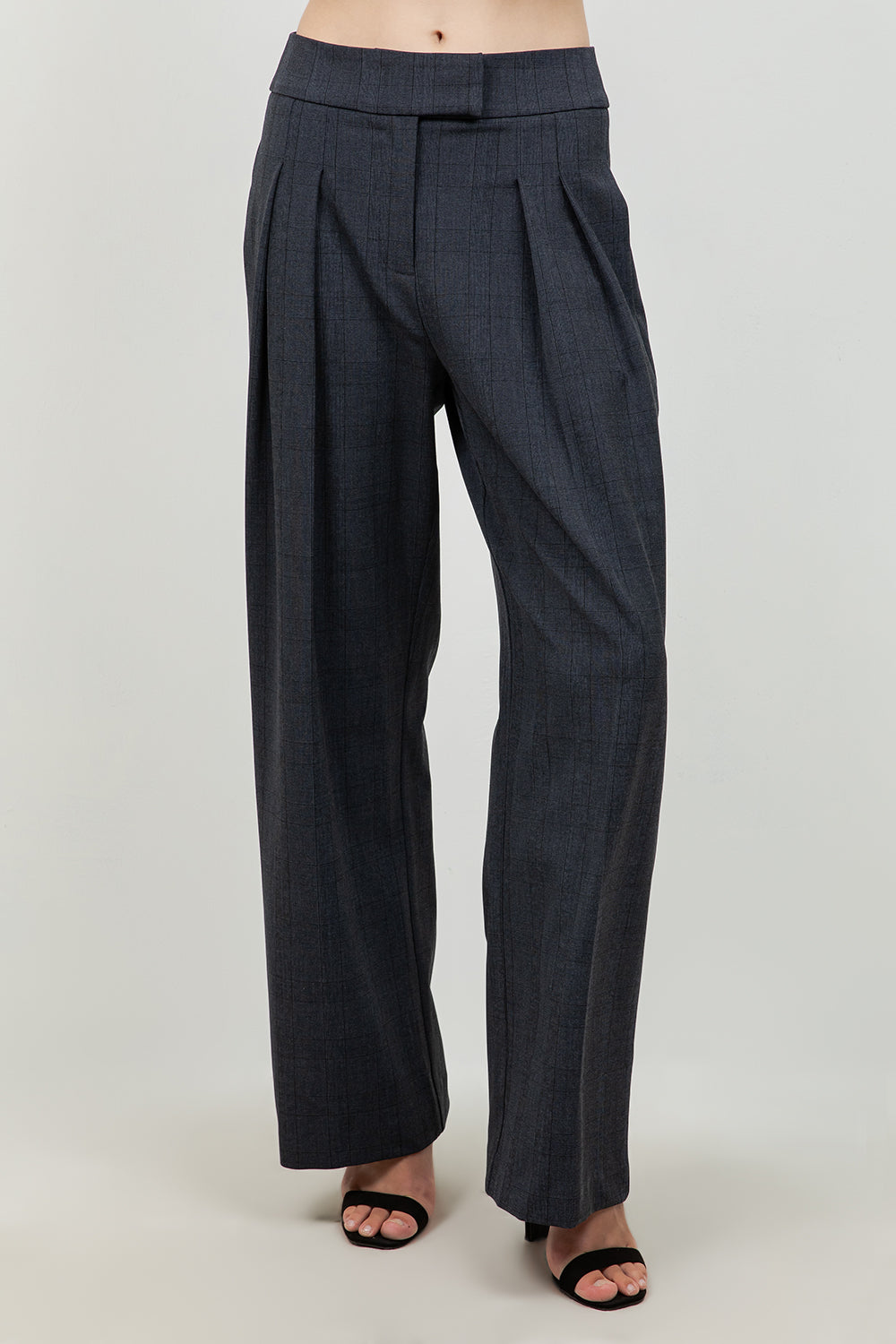 STRAIGHT LEG PLEATED PLAID PRINT TROUSERS