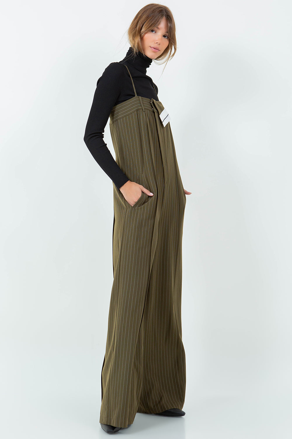 PINSTRIPE JUMPSUIT - OLIVE