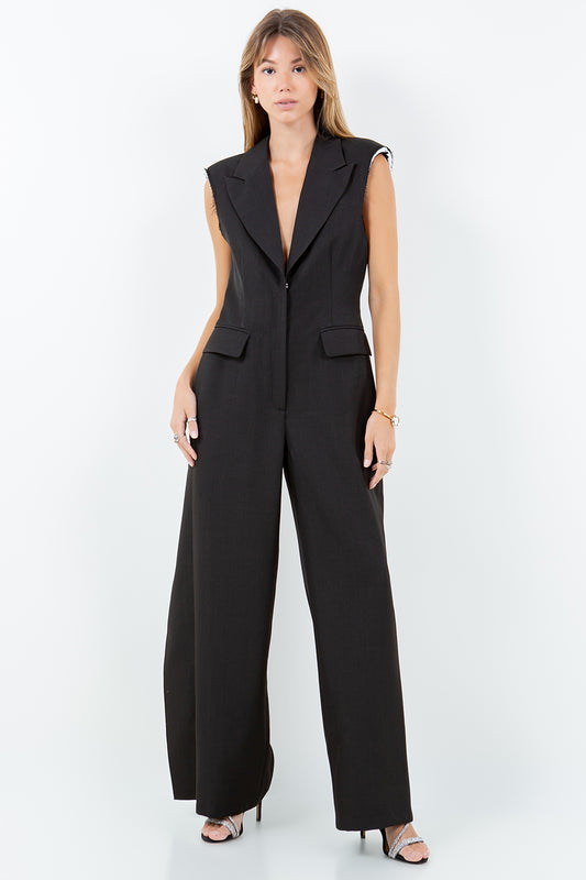 EXPOSED SHOULDER PADS SLEEK FIT COLLARED JUMPSUIT - BLACK