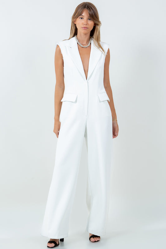 EXPOSED SHOULDER PADS SLEEK FIT COLLARED JUMPSUIT - WHITE