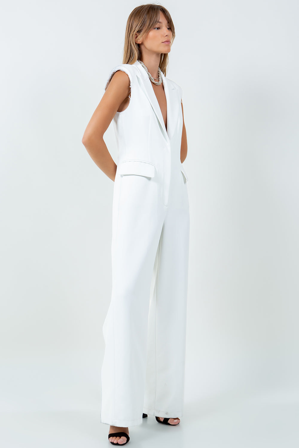 EXPOSED SHOULDER PADS SLEEK FIT COLLARED JUMPSUIT - WHITE