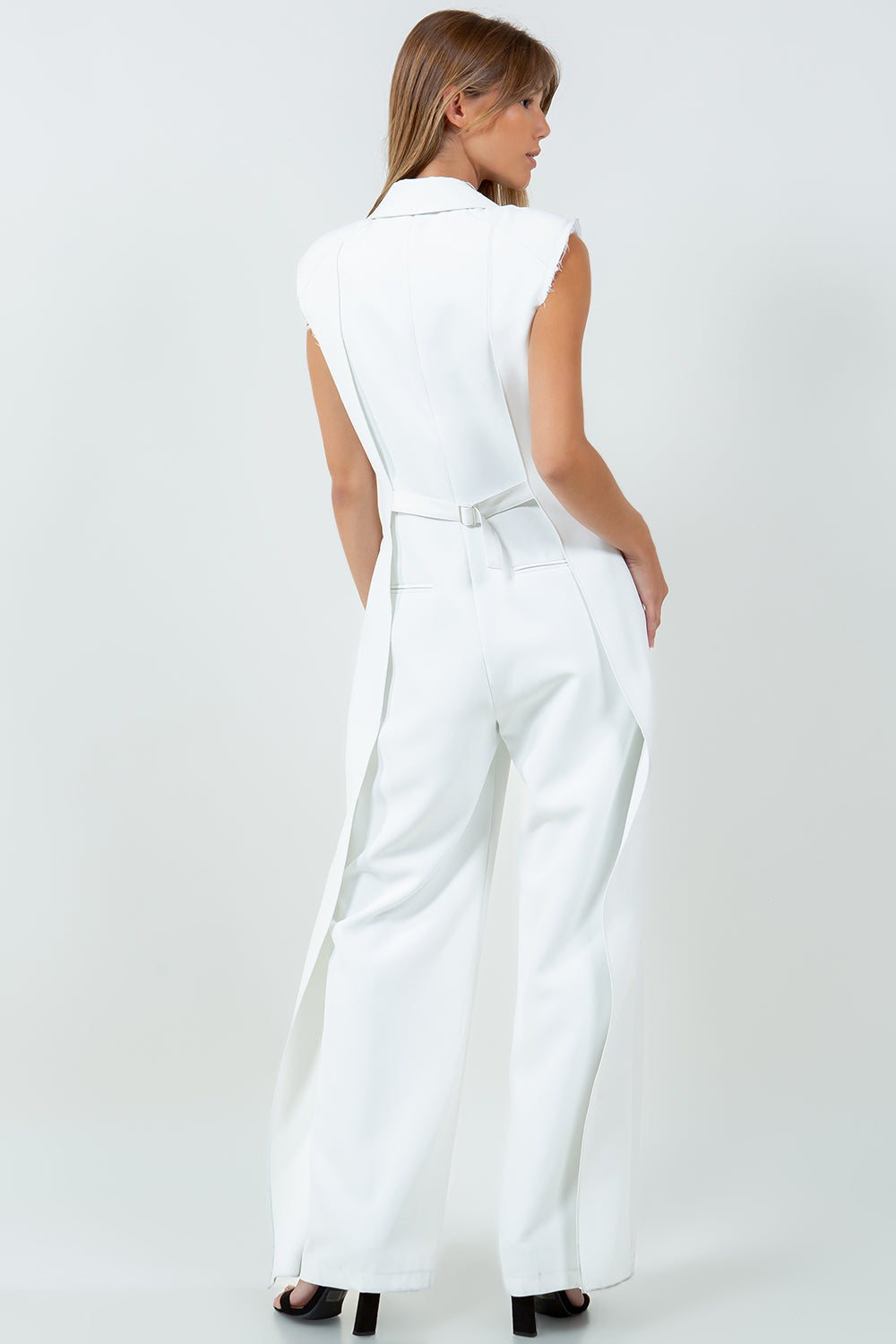 EXPOSED SHOULDER PADS SLEEK FIT COLLARED JUMPSUIT - WHITE