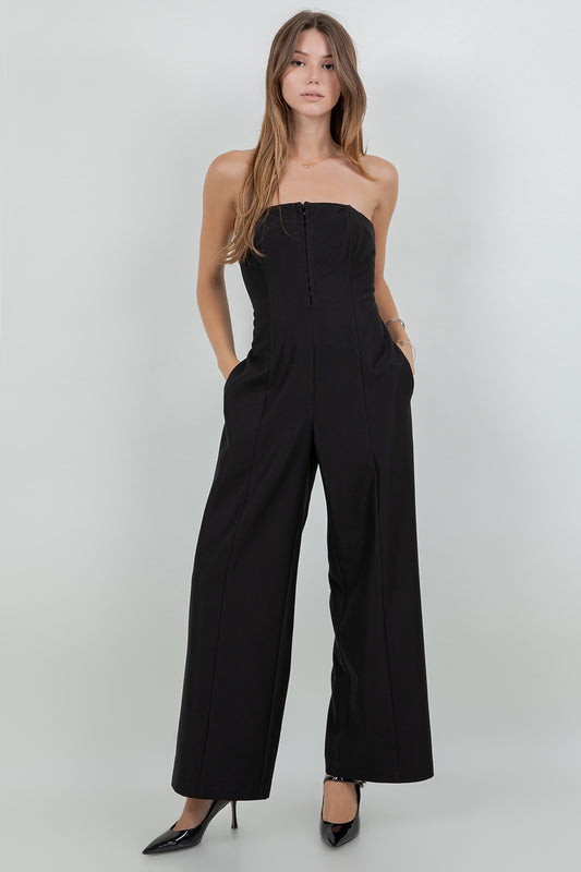 STRUCTURED WOVEN HALTER JUMPSUIT WITH CORSET CLOSURE - Whiteroom+Cactus