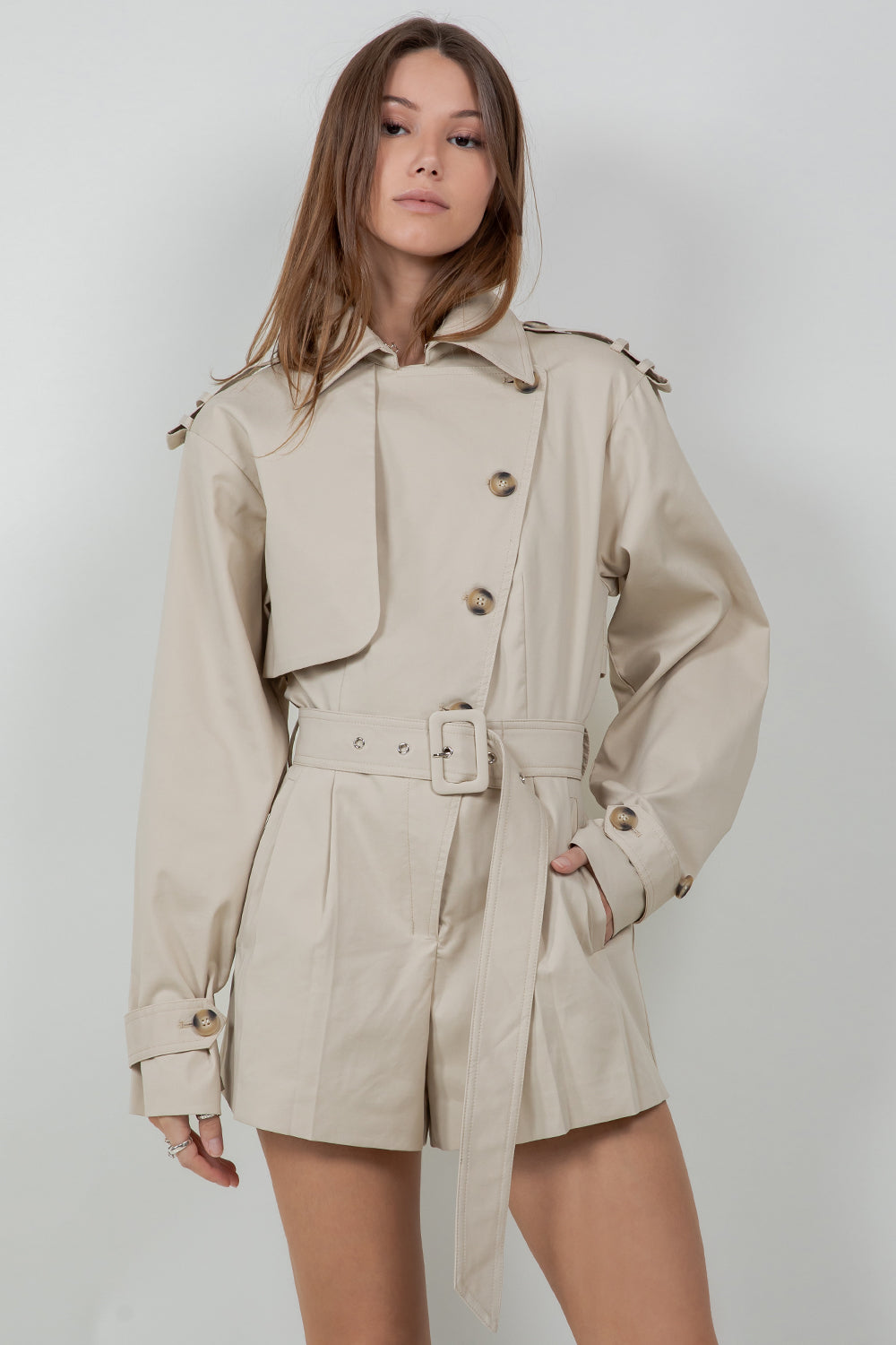 TRENCH STYLE STRUCTURED WOVEN ROMPER WITH SELF BELT - Whiteroom+Cactus