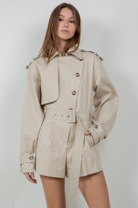 TRENCH STYLE STRUCTURED WOVEN ROMPER WITH SELF BELT - Whiteroom+Cactus