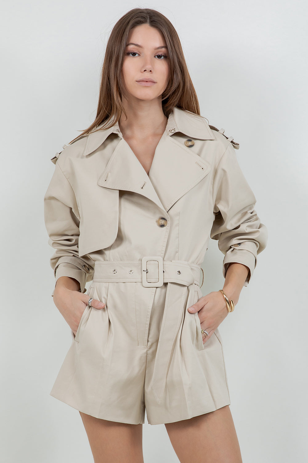 TRENCH STYLE STRUCTURED WOVEN ROMPER WITH SELF BELT - Whiteroom+Cactus