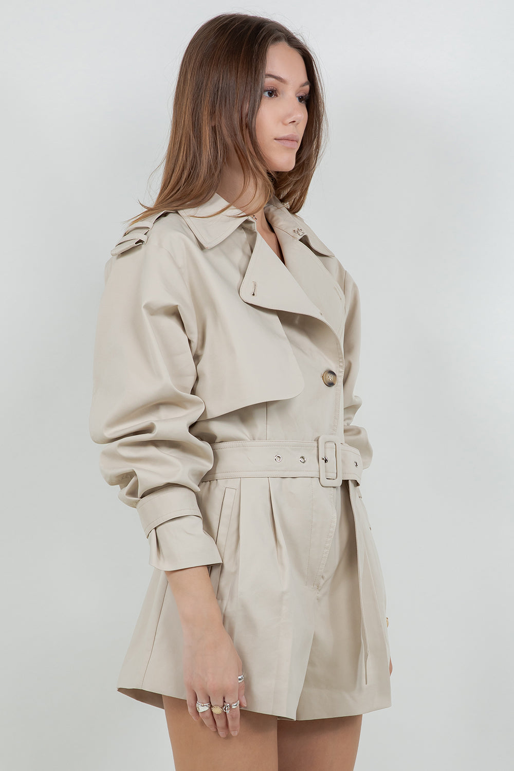 TRENCH STYLE STRUCTURED WOVEN ROMPER WITH SELF BELT - Whiteroom+Cactus