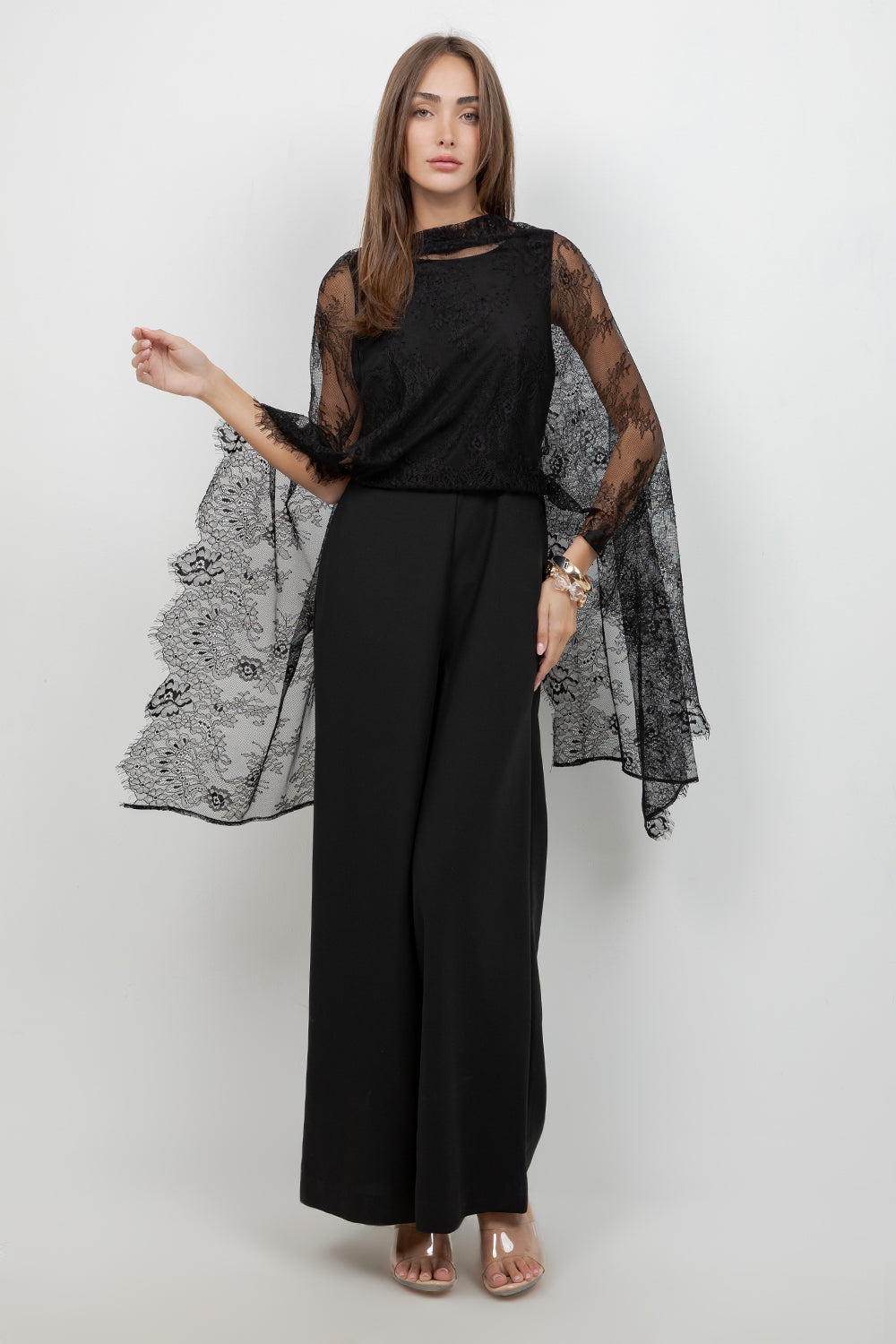 SOFT WOVEN WIDE LEG JUMPSUIT WITH CONTRAST LACE SCARF - Whiteroom+Cactus