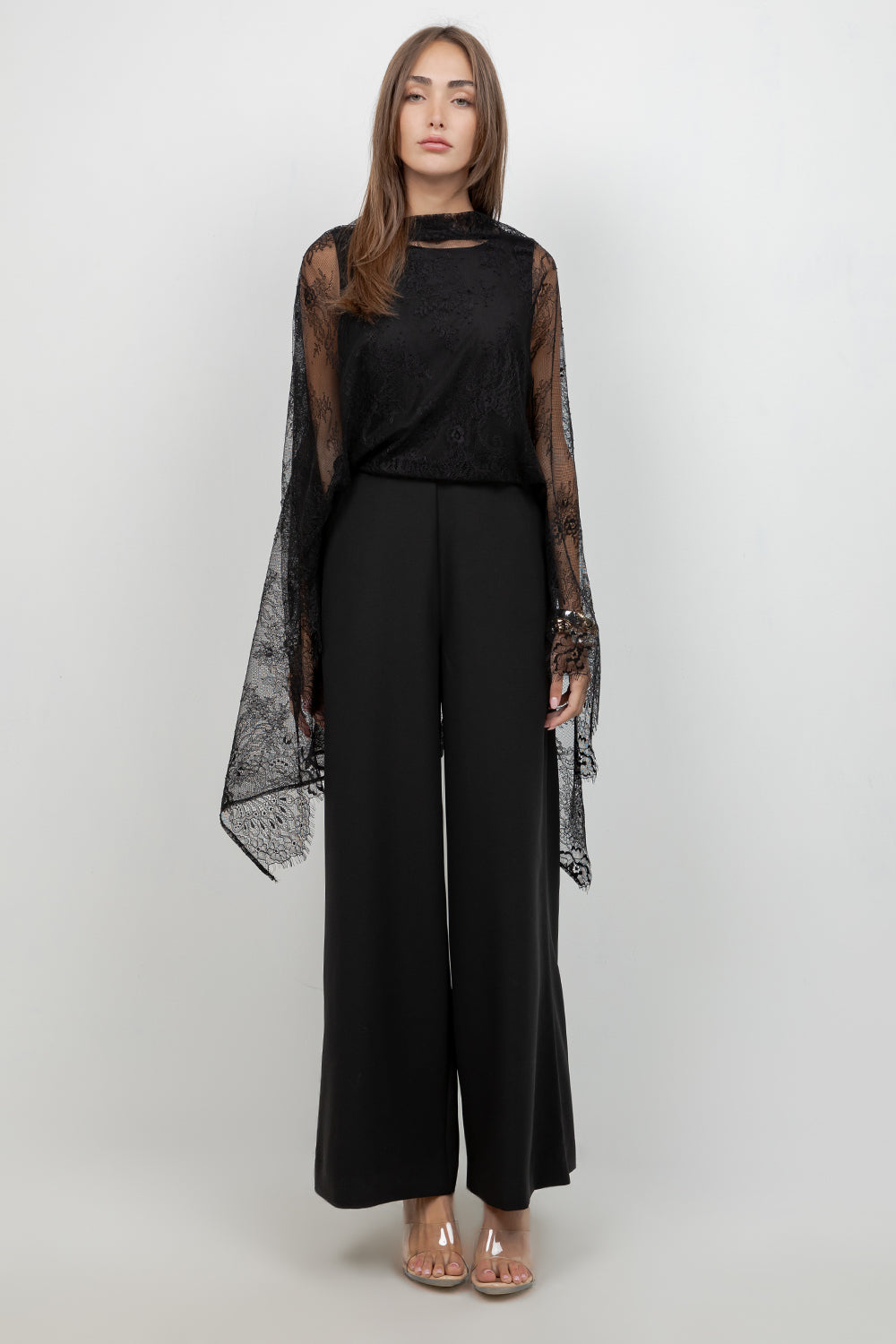 SOFT WOVEN WIDE LEG JUMPSUIT WITH CONTRAST LACE SCARF - Whiteroom+Cactus