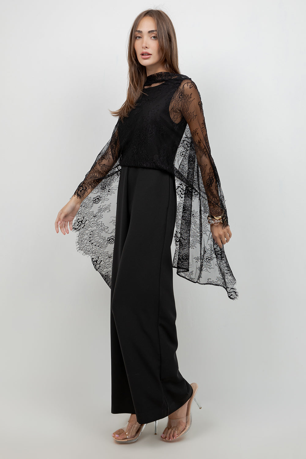 SOFT WOVEN WIDE LEG JUMPSUIT WITH CONTRAST LACE SCARF - Whiteroom+Cactus