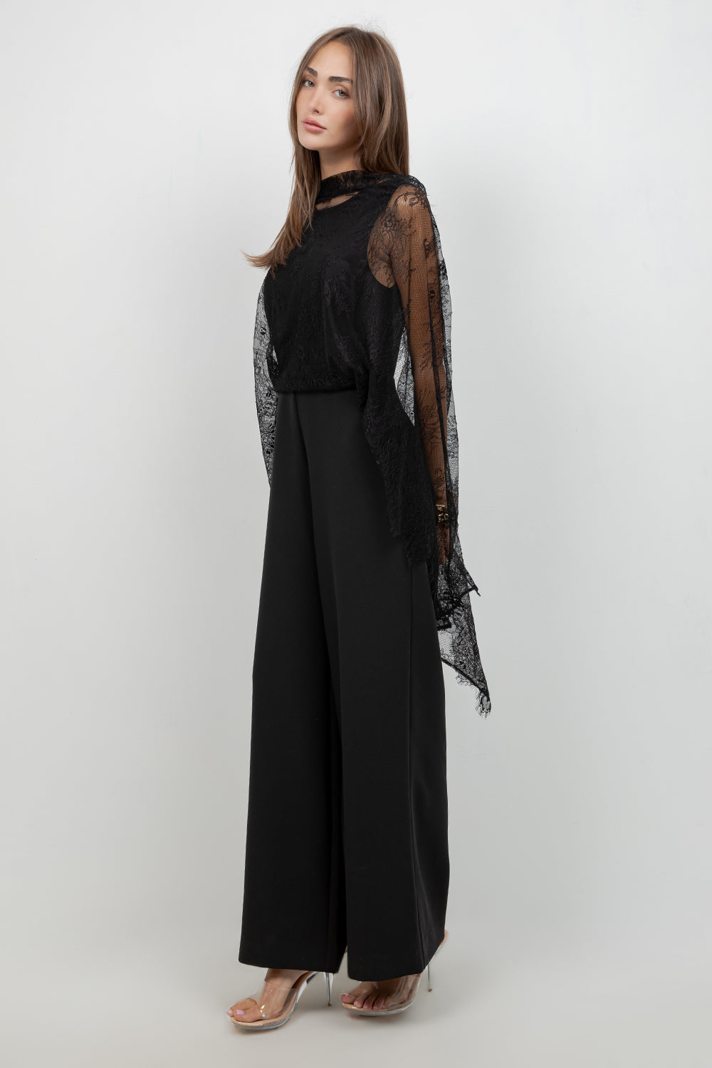 SOFT WOVEN WIDE LEG JUMPSUIT WITH CONTRAST LACE SCARF - Whiteroom+Cactus